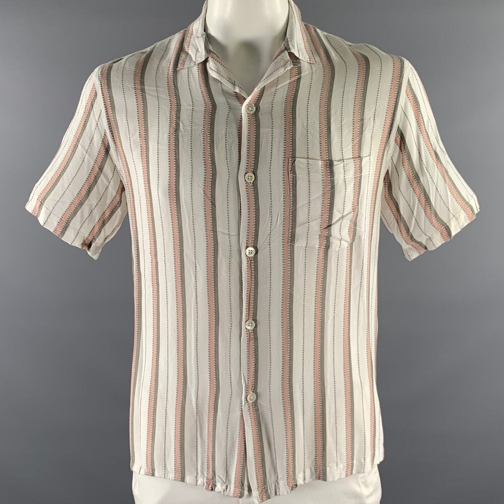 PORTUGUESE FLANNEL Size L Cream Olive Pink Stripe Viscose Short Sleeve Shirt